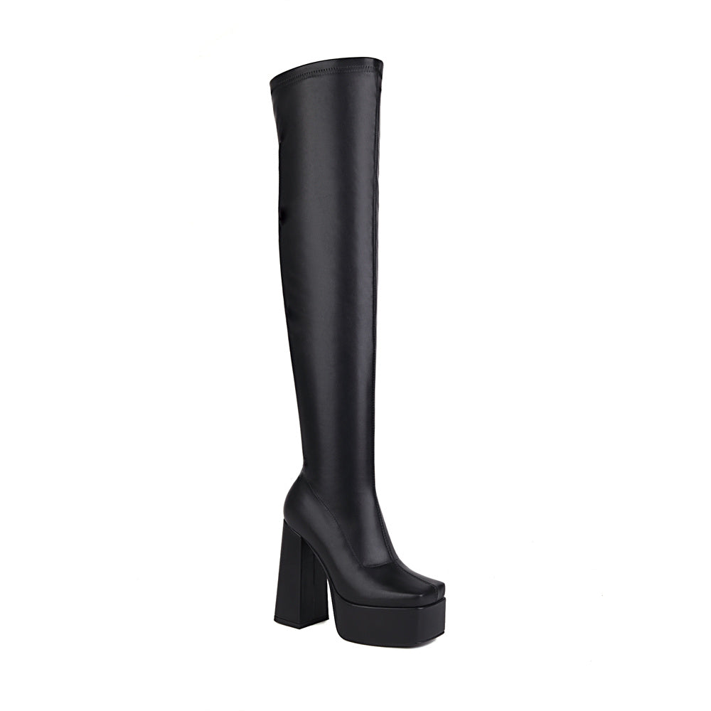 Black Vegan Leather Square Toe Chunky Heel Long Thigh High Boots