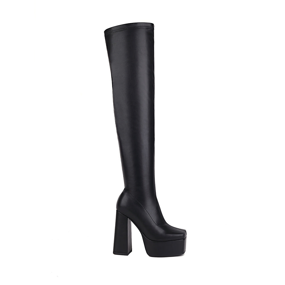 Black Vegan Leather Square Toe Chunky Heel Long Thigh High Boots