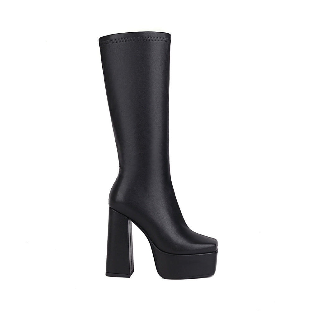 Black Vegan Leather Square Toe Chunky Heel Platform Knee-High Booties