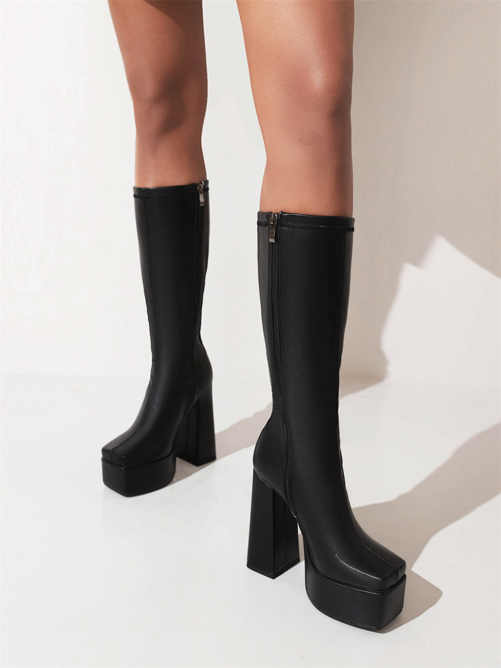 Black Vegan Leather Square Toe Chunky Heel Platform Knee-High Booties