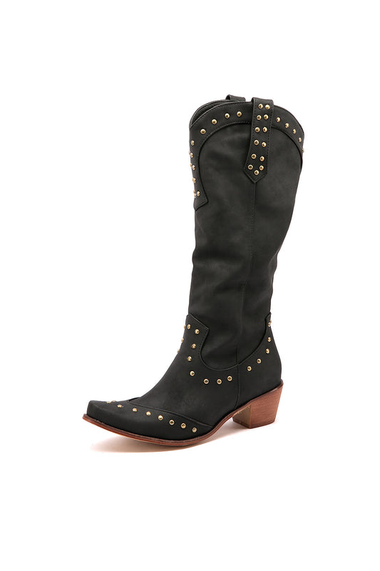 <tc>Black Vegan Leather Studs Retro Women's Cowboy Boots Cool Cowgirl Booties</tc>