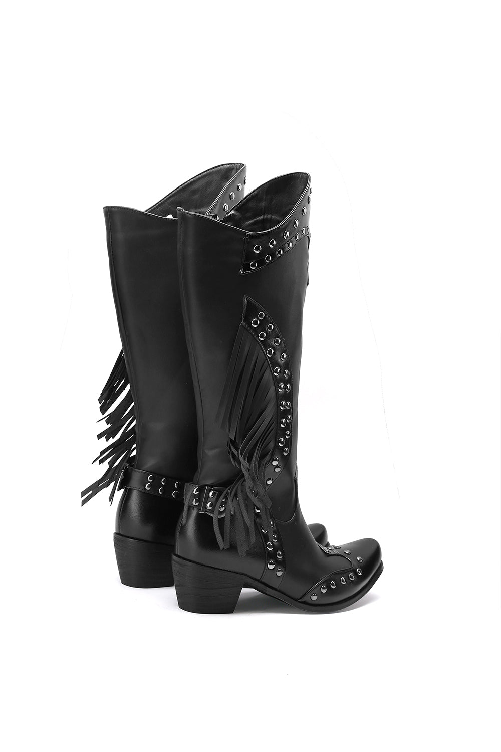 Black Vegan Leather Studs and Fringe Retro Women's Cowboy Boots Cool Cowgirl Booties