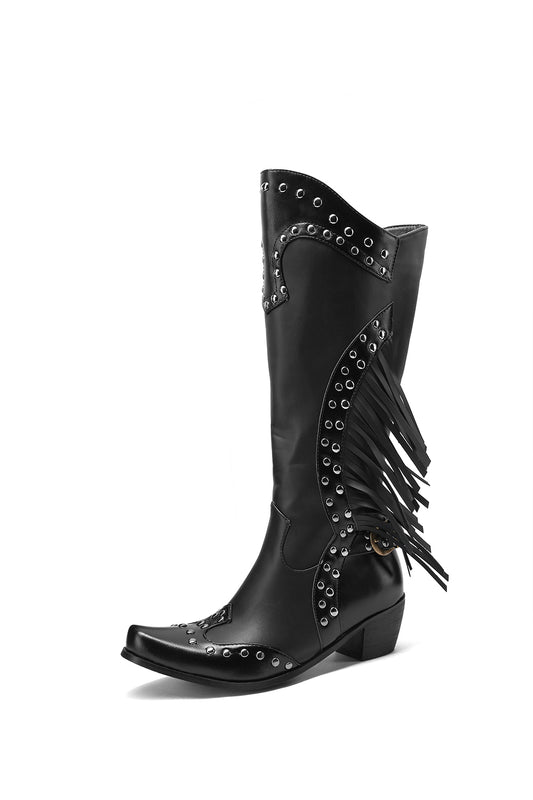 <tc>Black Vegan Leather Studs and Fringe Retro Women's Cowboy Boots Cool Cowgirl Booties</tc>