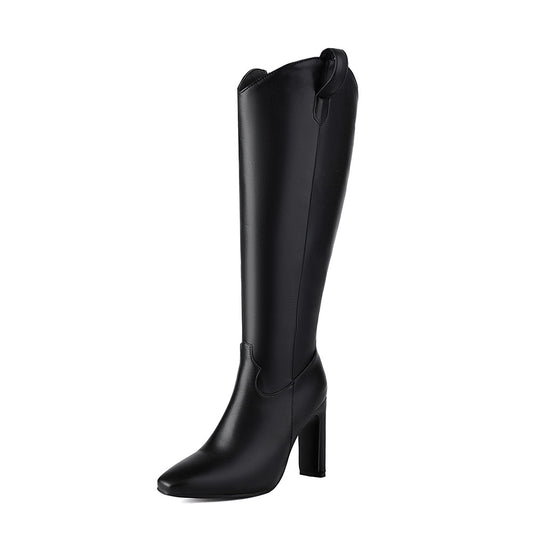 <tc>Black Vegan Leather Square Toe Chunky Heel Cowgirl Boots Knee High Boots</tc>