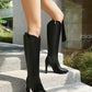 <tc>Black Vegan Leather Square Toe Chunky Heel Cowgirl Boots Knee High Boots</tc>