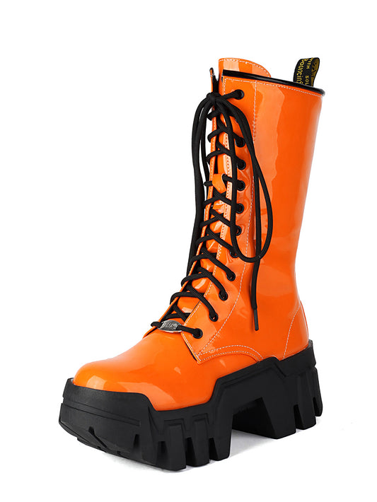 <tc>Orange Patent Leather Mechanpunk Flatform Lace up Ankle Boots Fashion Y2K Short Boots</tc>