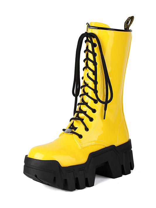 <tc>Yellow Patent Leather Mechanpunk Flatform Lace up Ankle Boots Fashion Y2K Short Boots</tc>