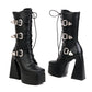 <tc>Black Vegan Leather Square Toe Block Heel Buckles Lace up Platform Ankle Boots</tc>