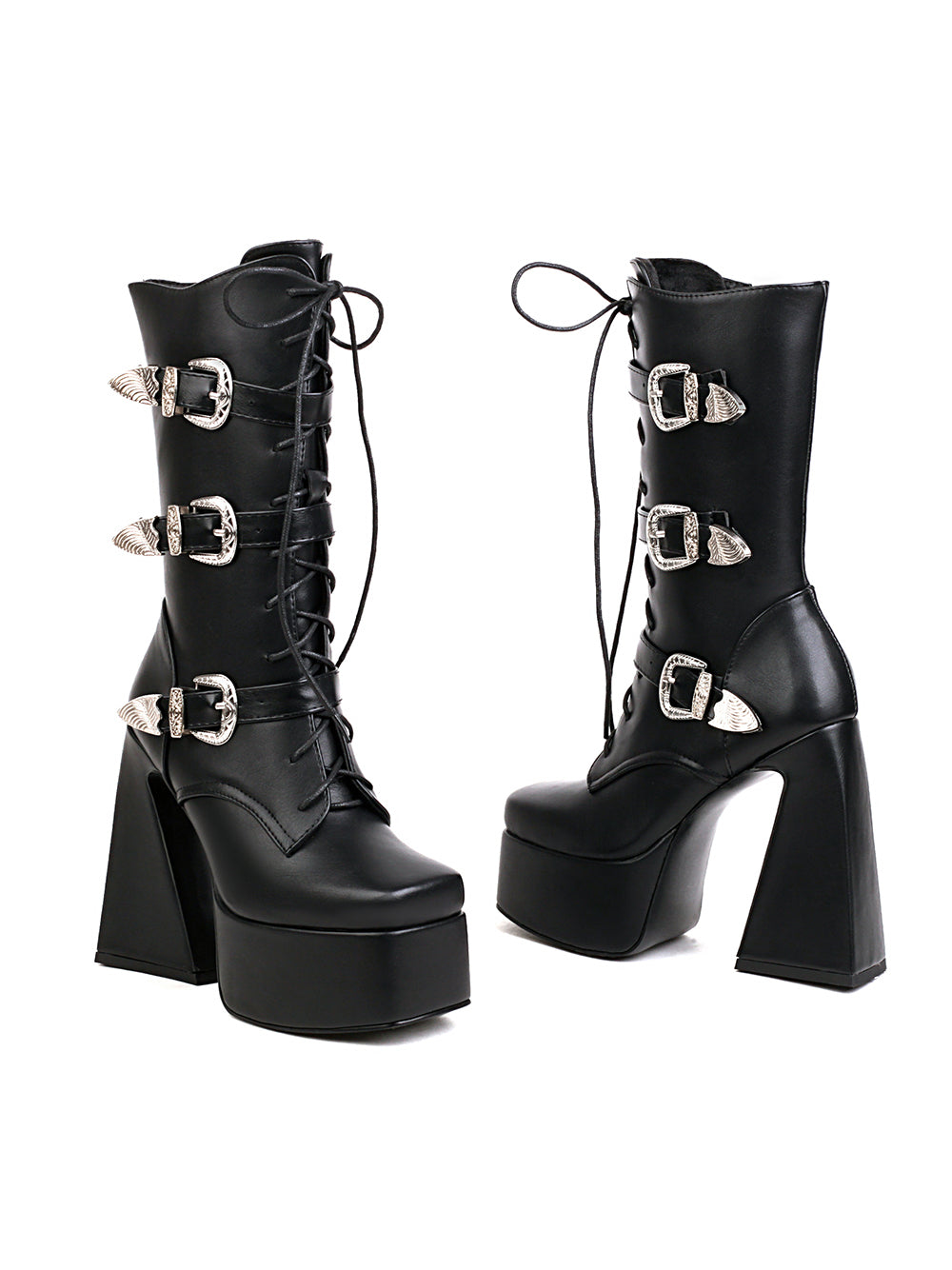 <tc>Black Vegan Leather Square Toe Block Heel Buckles Lace up Platform Ankle Boots</tc>