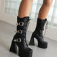 <tc>Black Vegan Leather Square Toe Block Heel Buckles Lace up Platform Ankle Boots</tc>