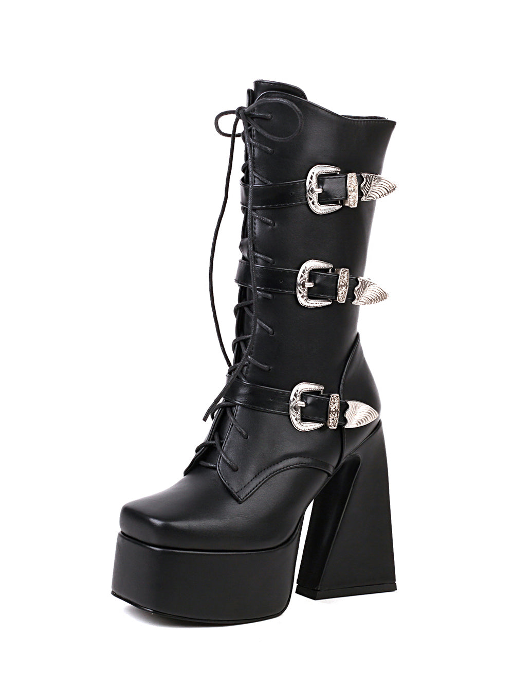 <tc>Black Vegan Leather Square Toe Block Heel Buckles Lace up Platform Ankle Boots</tc>