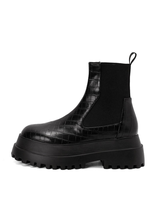 <tc>Black Croc Printed Vegan Leather Flatfrom Ankle Boots Thick Bottom Chelsea Boots</tc>