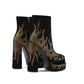 Black Suede Look Fire Pattern Gold Rhinestone Square Toe Platform Ankle Boots