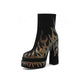 Black Suede Look Fire Pattern Gold Rhinestone Square Toe Platform Ankle Boots