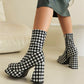 Black x White Plaid Popular Platform Boots Square Toe Ankle Boots