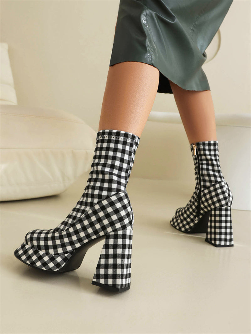 Black x White Plaid Popular Platform Boots Square Toe Ankle Boots