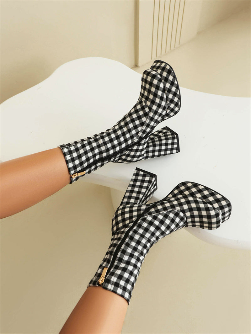 Black x White Plaid Popular Platform Boots Square Toe Ankle Boots