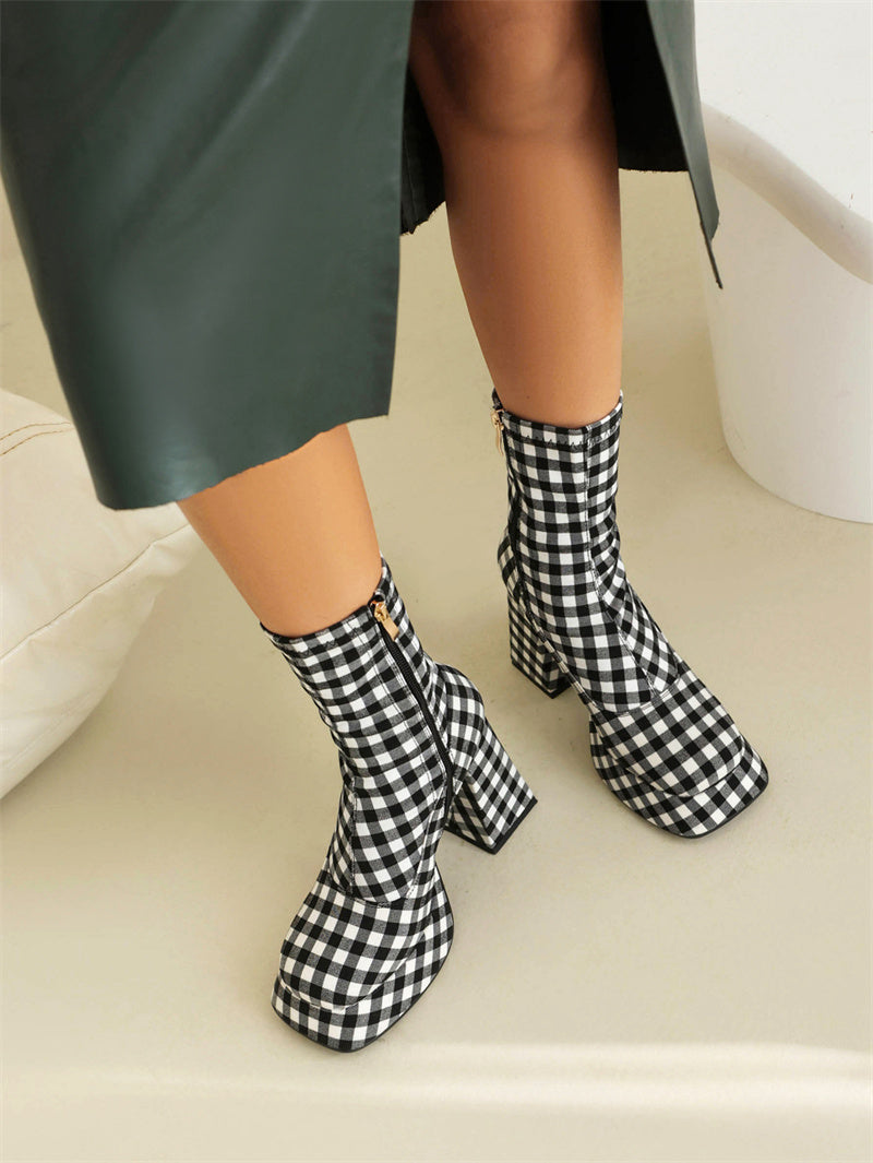 Black x White Plaid Popular Platform Boots Square Toe Ankle Boots