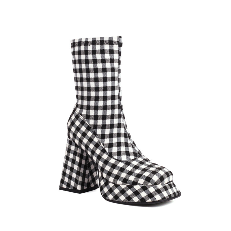 Black x White Plaid Popular Platform Boots Square Toe Ankle Boots