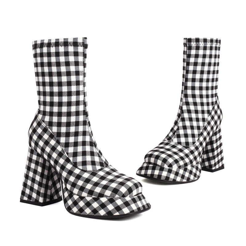 Black x White Plaid Popular Platform Boots Square Toe Ankle Boots