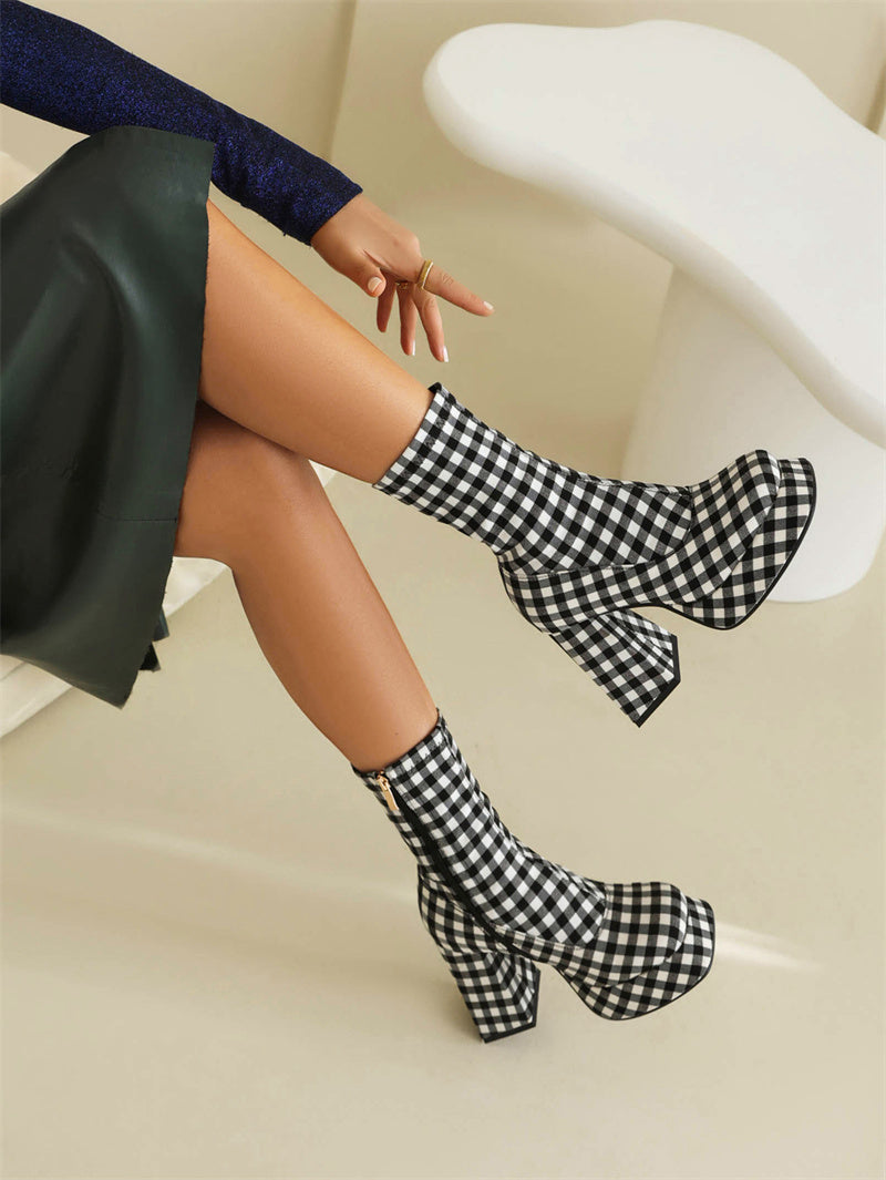 Black x White Plaid Popular Platform Boots Square Toe Ankle Boots