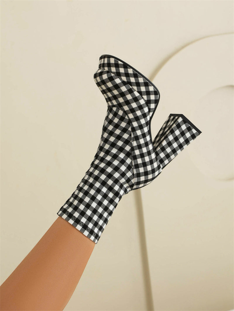 Black x White Plaid Popular Platform Boots Square Toe Ankle Boots