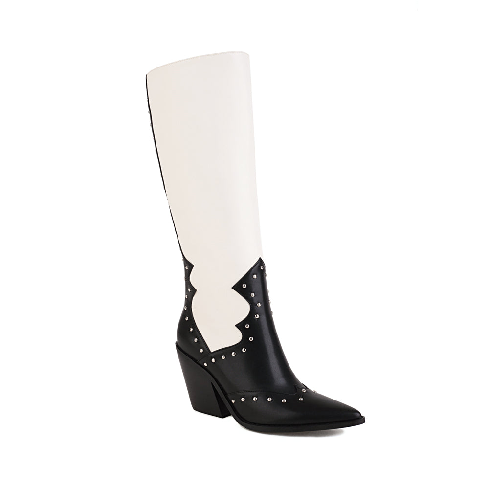 Black & White Pointed Toe Block Heel Knee High Boots Western Booties