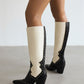 Black & White Pointed Toe Block Heel Knee High Boots Western Booties