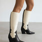 Black & White Pointed Toe Block Heel Knee High Boots Western Booties