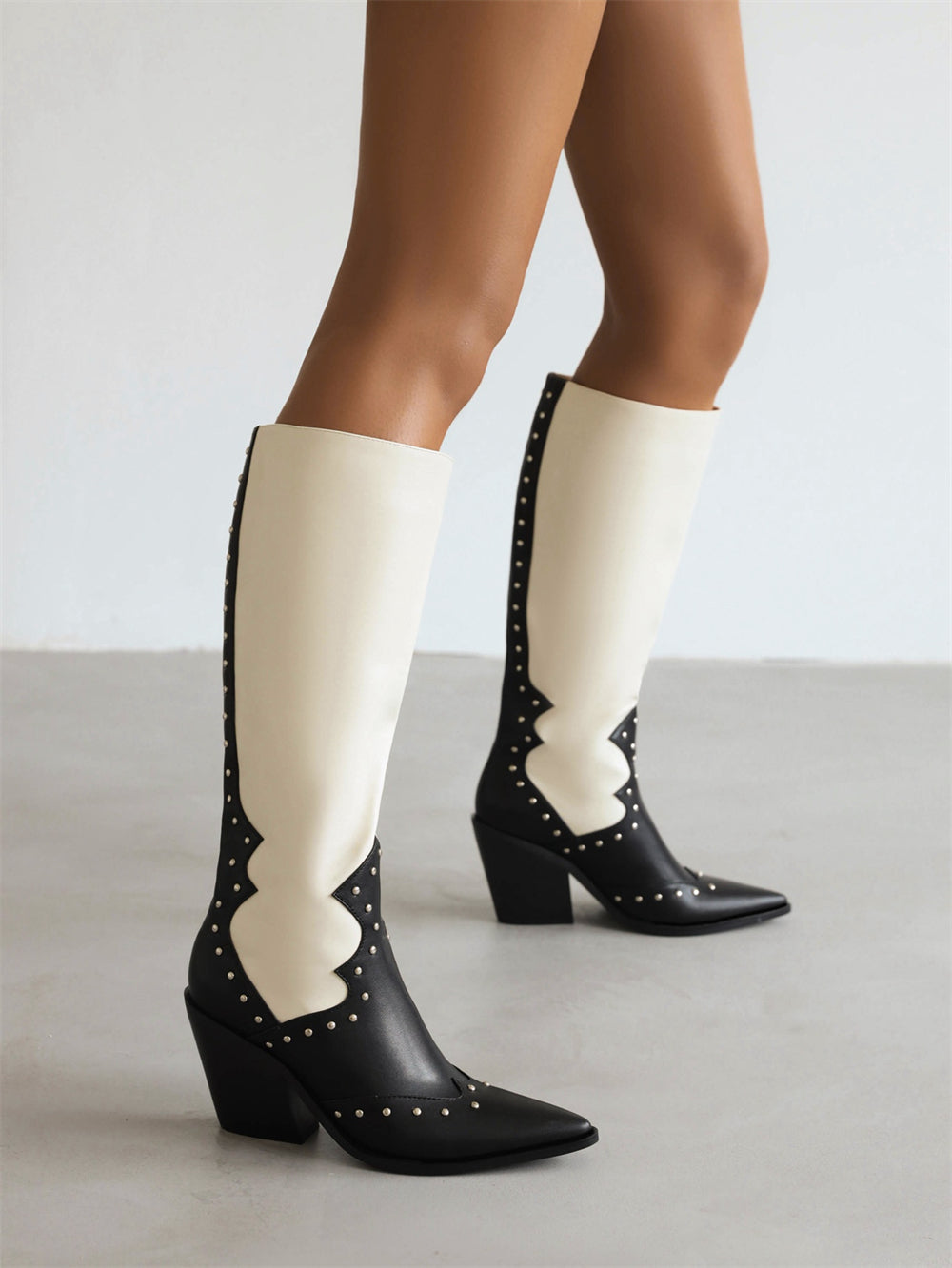 Black & White Pointed Toe Block Heel Knee High Boots Western Booties