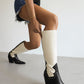 Black & White Pointed Toe Block Heel Knee High Boots Western Booties