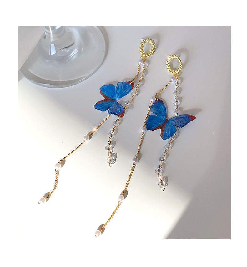 blue butterfly long tassel earrings