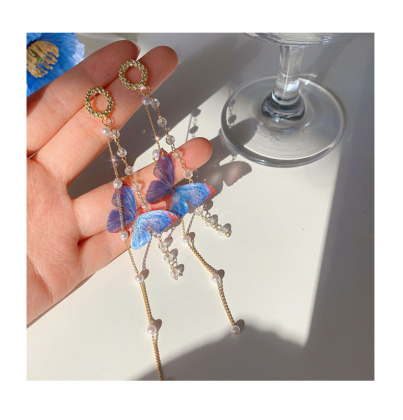 blue butterfly long tassel earrings