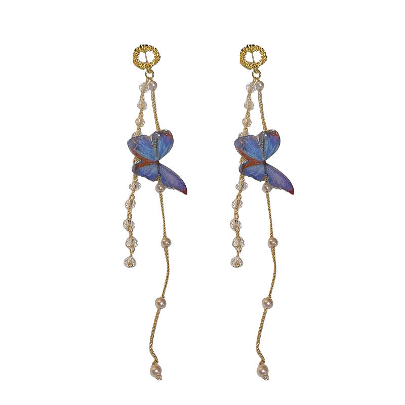 blue butterfly long tassel earrings