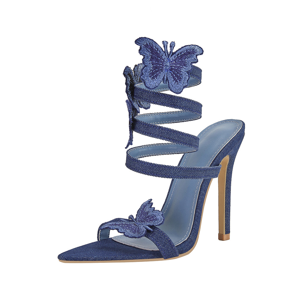 <tc>Blue Denim Butterfly Stiletto Heel Strappy Sandals</tc>