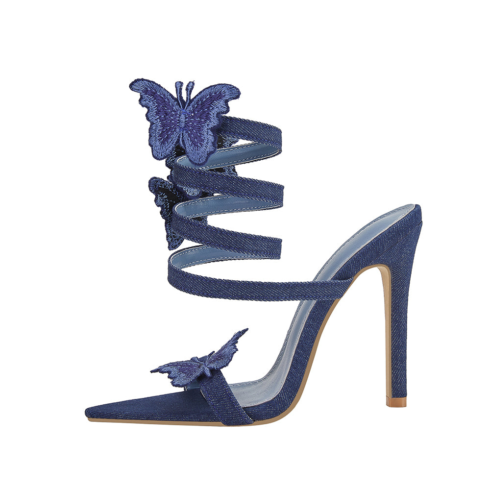 <tc>Blue Denim Butterfly Stiletto Heel Strappy Sandals</tc>