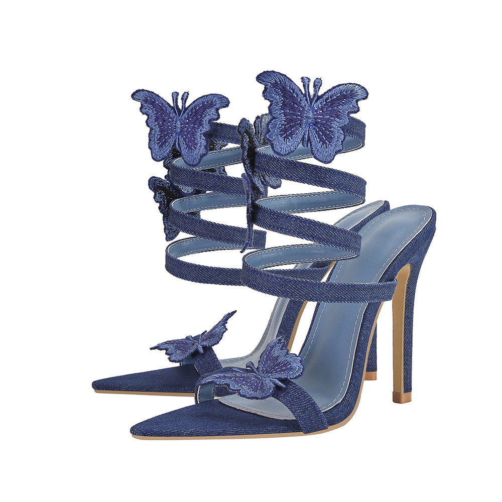 <tc>Blue Denim Butterfly Stiletto Heel Strappy Sandals</tc>