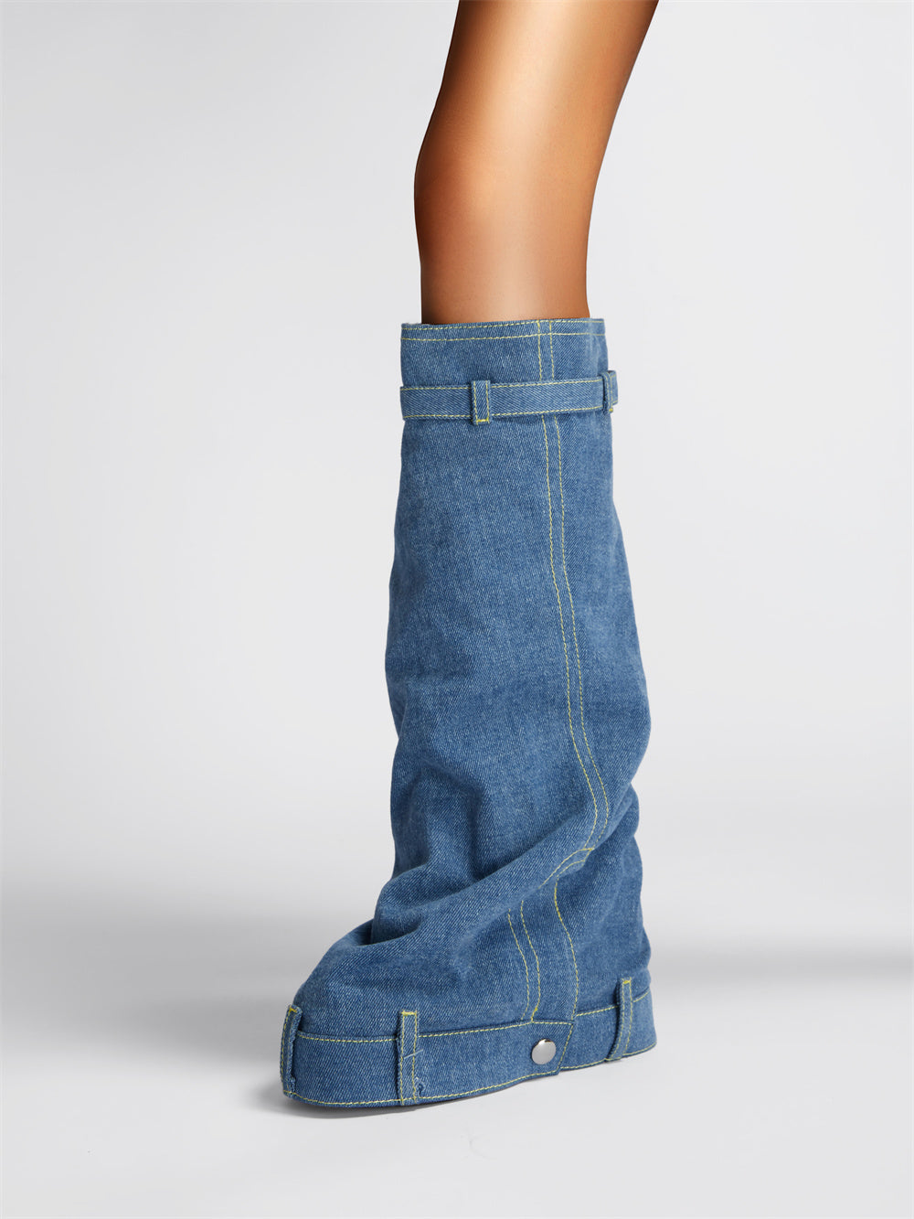 Blue Denim Fold Over Platform Heel Knee Boots