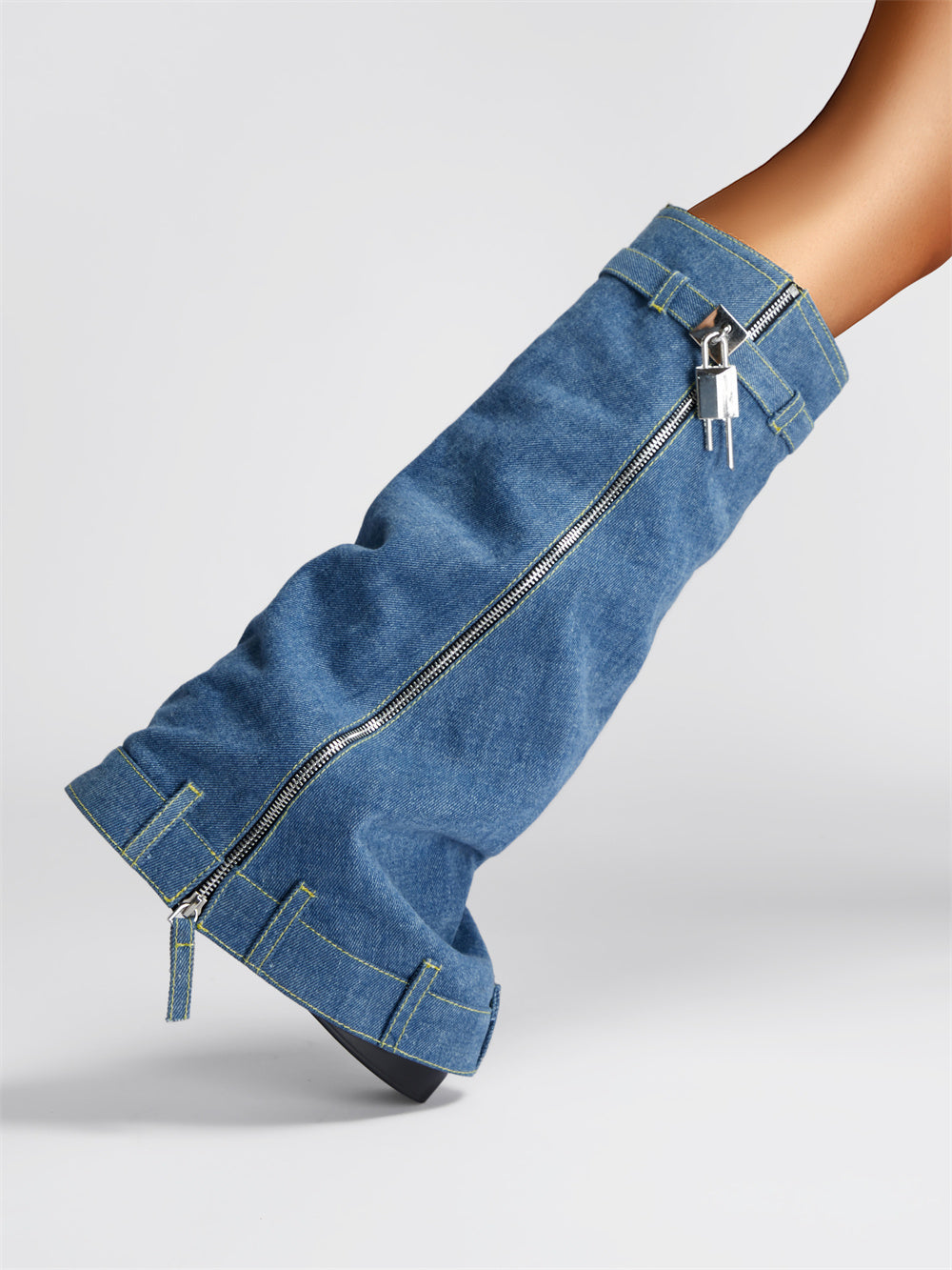 Blue Denim Fold Over Platform Heel Knee Boots