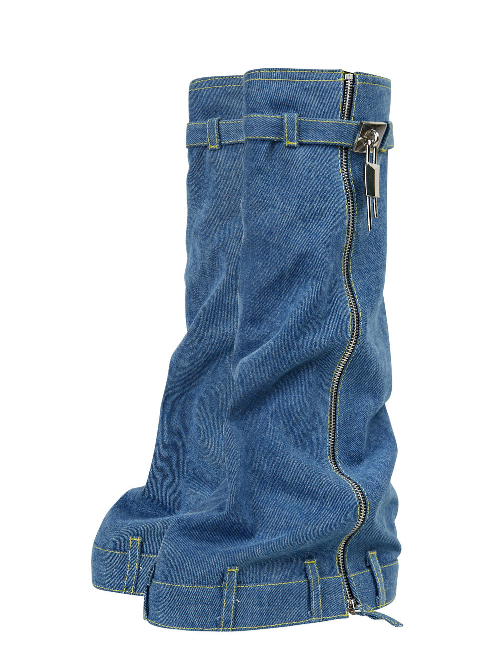 Blue Denim Fold Over Platform Heel Knee Boots