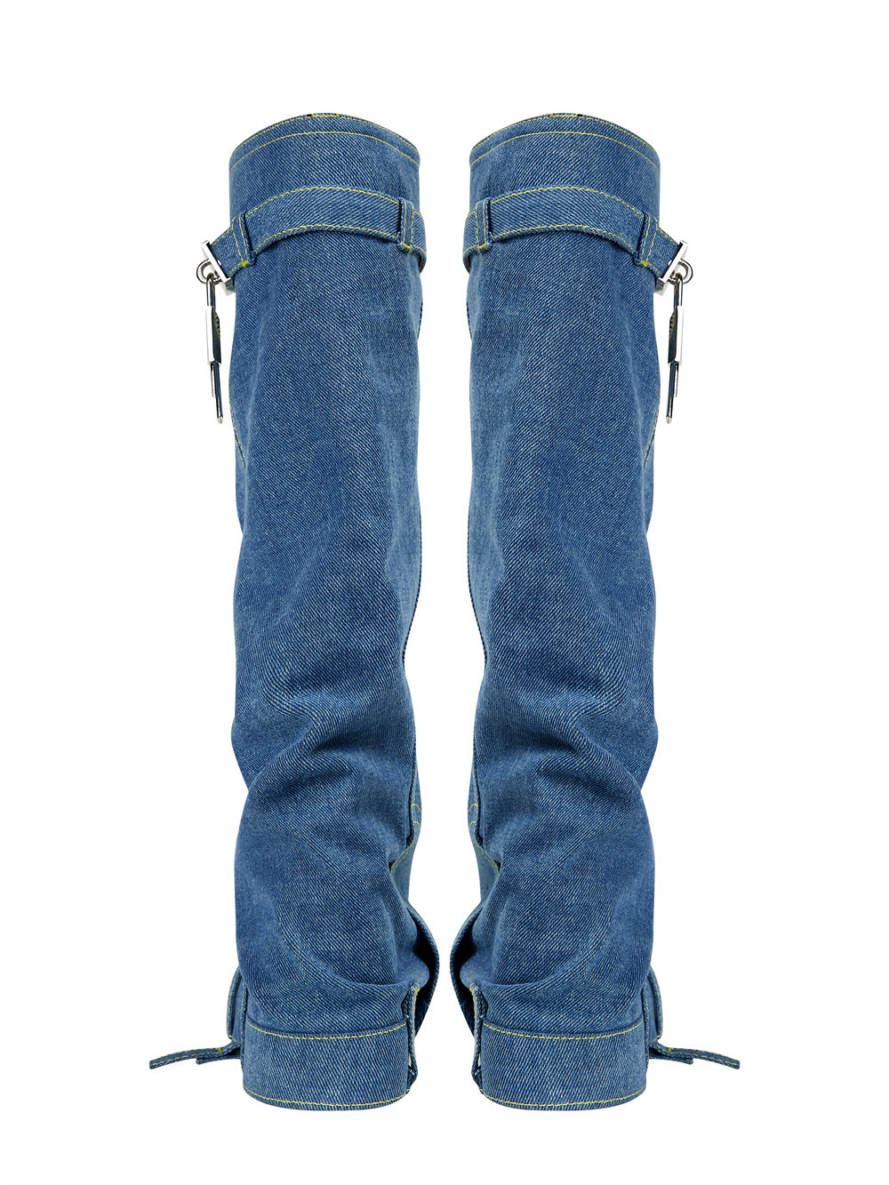 Blue Denim Fold Over Platform Heel Knee Boots