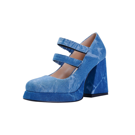 Blue Denim Platform Chunky Heel Mailliger Retro Shoes