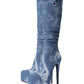 Blue Denim Platform Heel Stiletto Knee-High Boots