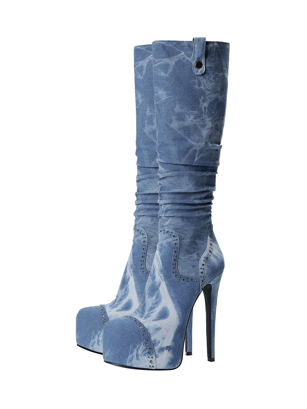 Blue Denim Platform Heel Stiletto Knee-High Boots