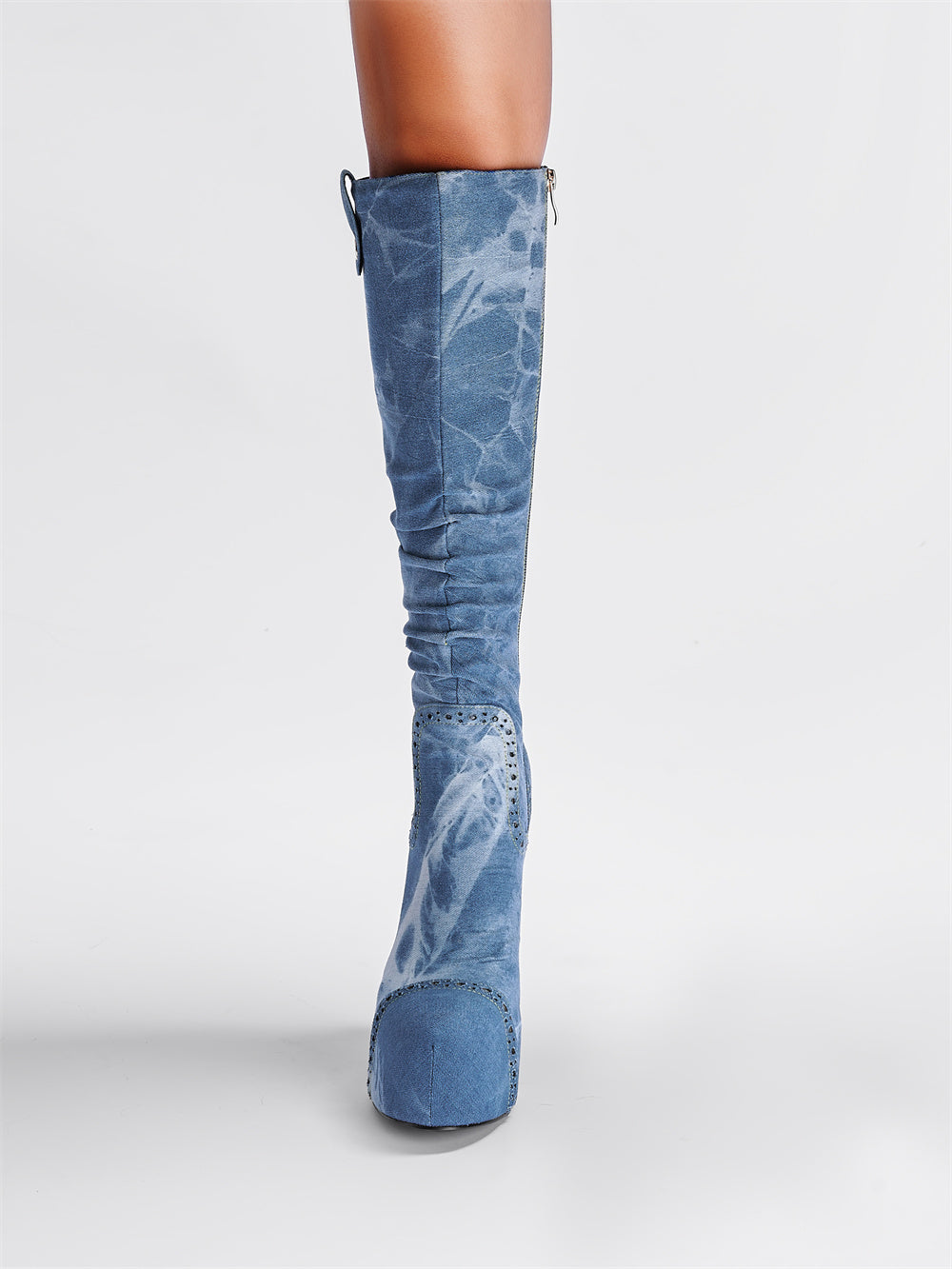 Blue Denim Platform Heel Stiletto Knee-High Boots