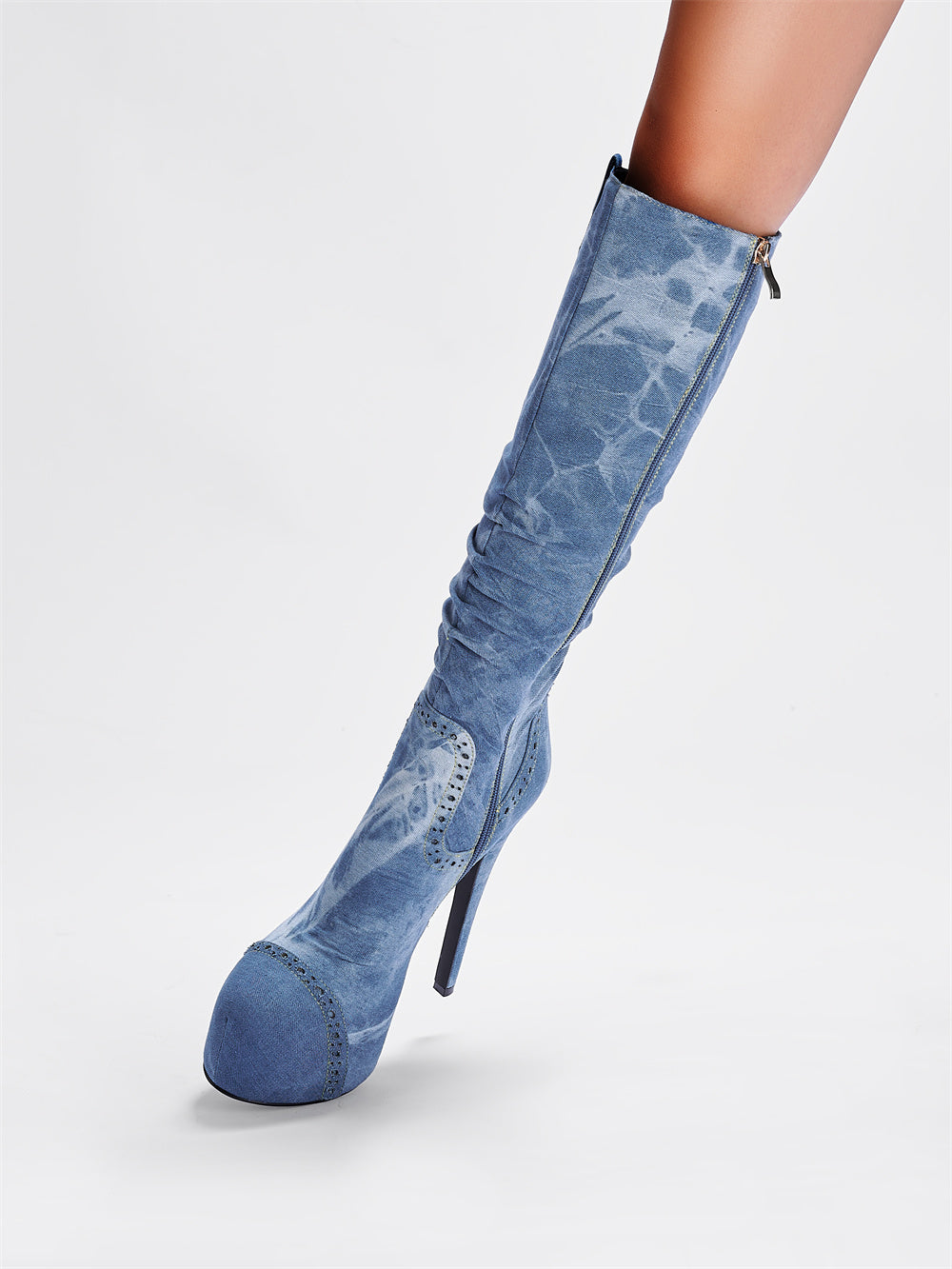 Blue Denim Platform Heel Stiletto Knee-High Boots