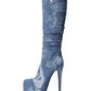 Blue Denim Platform Heel Stiletto Knee-High Boots