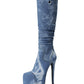 Blue Denim Platform Heel Stiletto Knee-High Boots