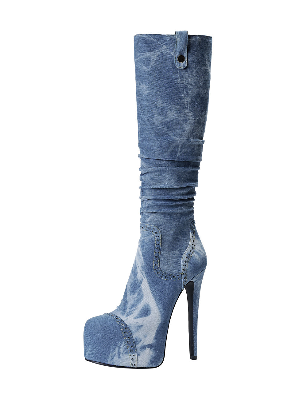 Blue Denim Platform Heel Stiletto Knee-High Boots