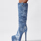 Blue Denim Platform Heel Stiletto Knee-High Boots